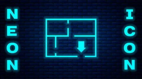 Glowing neon Evacuation plan icon isolated on brick wall background. Fire escape Ilustración de archivo
