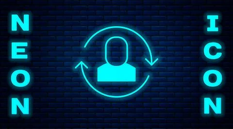 Glowing neon Exchange work icon isolated on brick wall background. Information 스톡 일러스트