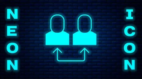 Glowing neon Exchange work icon isolated on brick wall background. Informat.. Illustrazione stock