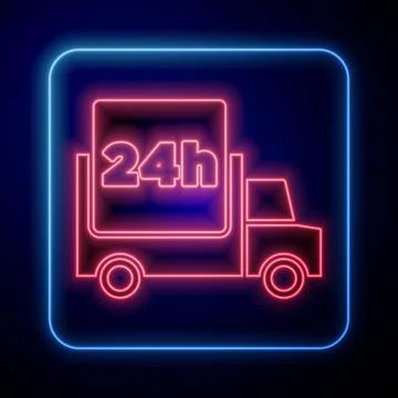 Glowing neon Fast round the clock delivery by car icon isolated on blue イラスト素材