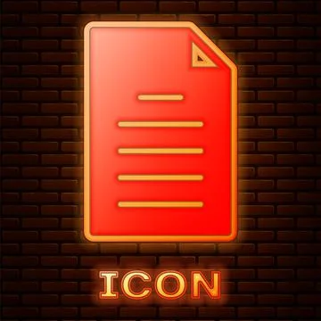 Glowing neon File document icon isolated on brick wall background. Checklist Stock Illustration