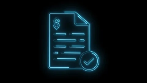 Glowing neon financial document with checkmark animation on black background Stock Footage 312306442