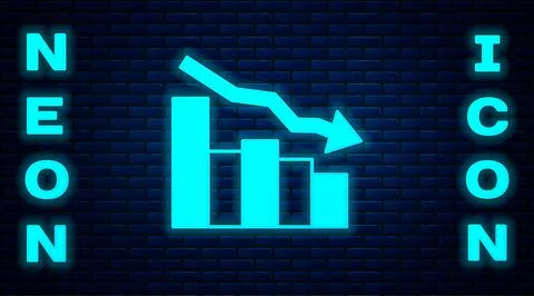 Glowing neon Financial growth decrease icon isolated on brick wall background Stock Illustration