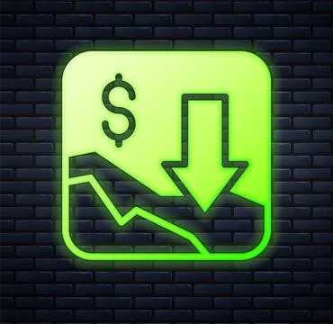 Glowing neon Financial growth decrease icon isolated on brick wall backgrou.. Stock Illustration