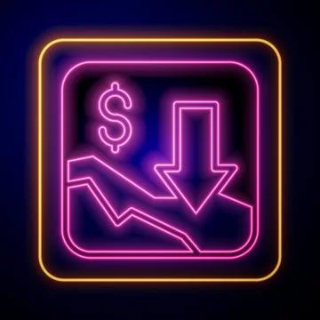Glowing neon Financial growth decrease icon isolated on black background. I.. Stock Illustration