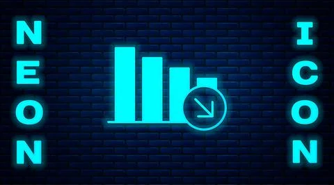 Glowing neon Financial growth decrease icon isolated on brick wall backgrou.. Stock Illustration