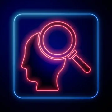 Glowing neon Finding a problem in psychology icon isolated on blue background Stock Illustration