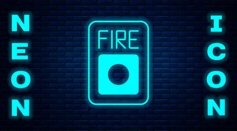 Glowing neon Fire alarm system icon isolated on brick wall background. Pull d Stock Illustration