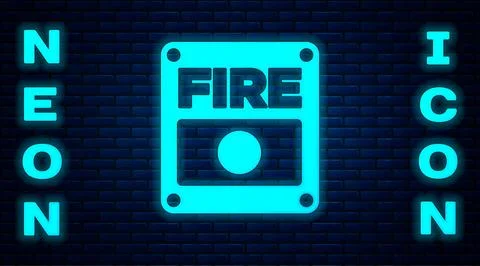Glowing neon Fire alarm system icon isolated on brick wall background. Pull d Stock Illustration