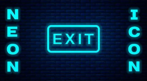 Glowing neon Fire exit icon isolated on brick wall background. Fire emergency Ilustración de archivo