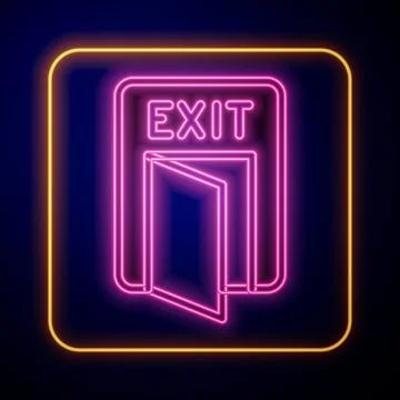 Glowing neon Fire exit icon isolated on black background. Fire emergency icon Ilustración de archivo
