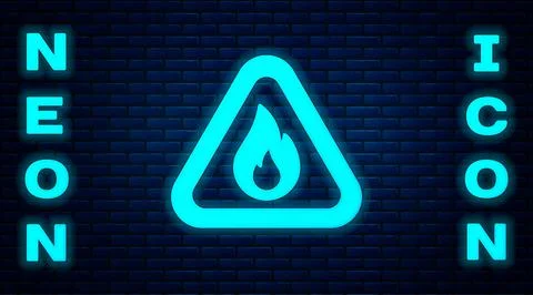 Glowing neon Fire flame in triangle icon isolated on brick wall background Stock Illustration