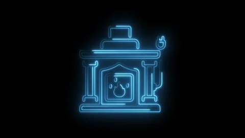 Glowing neon fireplace icon animation on black background winter holiday warmth Stock Footage 322993079