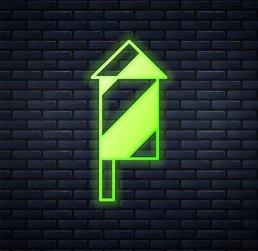 Glowing neon Firework rocket icon isolated on brick wall background. Concept of Stock Illustration