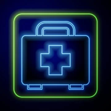 Glowing neon First aid kit icon isolated on blue background. Medical box wi.. Illustrazione stock