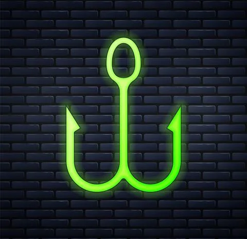 Glowing neon line Fishing hook and worm icon isolated on brick