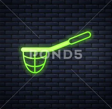 Glowing neon Fishing net icon isolated on brick wall background. Fishing  tackle: Graphic #209665885
