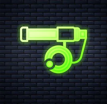Glowing neon Fishing rod icon isolated on brick wall background