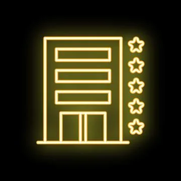 Glowing neon five star hotel building sign on black background Ilustración de archivo