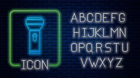Glowing neon Flashlight icon isolated on brick wall background. Neon light Stock Illustration