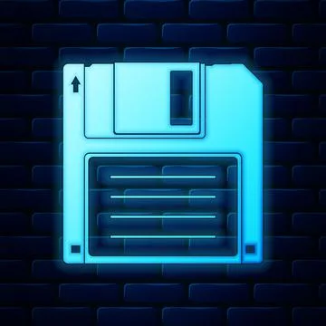 Glowing neon Floppy disk for computer data storage icon isolated on brick wall Illustrazione stock