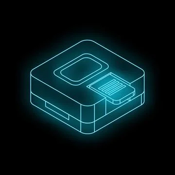 Glowing neon floppy disk icon representing retro technology and data storage Stock Illustration