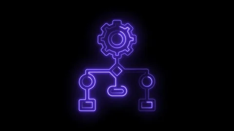 Glowing neon flowchart animation showing gear symbol on black background Stock Footage 322963950
