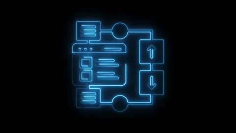 Glowing neon flowchart diagram of data transfer process on black background Stock Footage 308286888