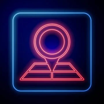 Glowing neon Folded map with location marker icon isolated on black backgro.. Stock Illustration