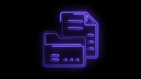 Glowing neon folder and document icon animation on dark background illustrating Stock Footage 322963453