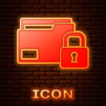 Glowing neon Folder and lock icon isolated on brick wall background. Closed Stock Illustration