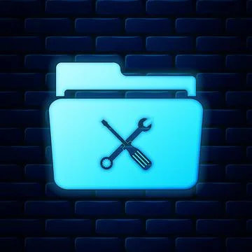 Glowing neon Folder and tools or settings icon isolated on brick wall background イラスト素材