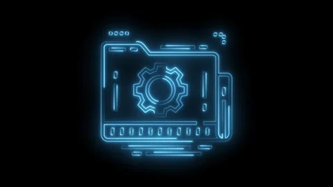 Glowing neon folder with cogwheel icon animation on a black background Stock Footage 322989872
