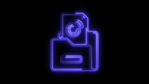 Glowing neon folder with document and chart icon animation on a black backg.. Stock Footage 312447870
