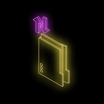 Glowing neon folder icon with letter n representing network storage on blac.. 스톡 일러스트