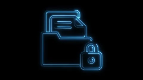 Glowing neon folder with lock animation on black background for data security Stock Footage 309915288