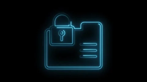 Glowing neon folder with padlock illustrating data security and privacy on black Stock Footage 322985905