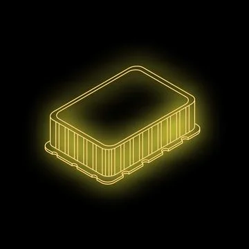 Glowing neon food container on dark background Stock Illustration