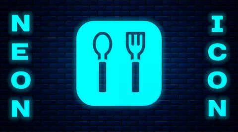 Glowing neon Fork and spoon icon isolated on brick wall background. Cooking Stock Illustration