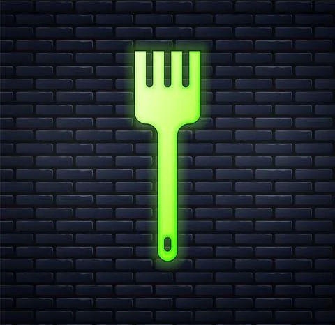 Glowing neon Fork icon isolated on brick wall background. Cutlery symbol. Vector Illustrazione stock