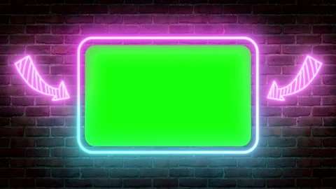 Glowing Neon Frame on Dark Brick Wall with Green Screen Stock Footage 332150819