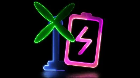 Glowing neon frame effect Energy turbine charging battery, black background Illustrazione stock