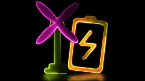Glowing neon frame effect Energy turbine charging battery, black background Stock Illustration