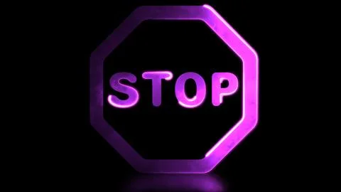 Glowing neon frame effect looping stop sign symbol, black background. Illustrazione stock