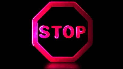 Glowing neon frame effect looping stop sign symbol, black background. Illustrazione stock