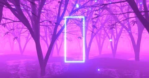 Glowing neon frame in forest. Fluorescent light portal in darkness for copy s Stock Illustration