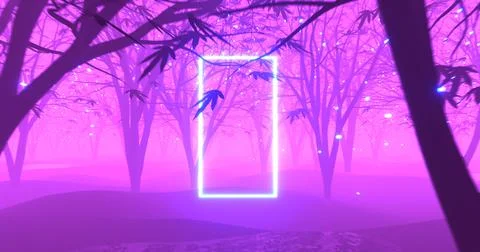 Glowing neon frame in forest. Fluorescent light portal in darkness for copy s Stock Illustration