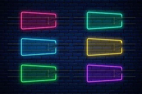 Glowing neon frames red, blue, green, yellow, violet, turquoise. Neon light b Stock Illustration