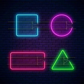 Glowing neon frames square, circle, rectangle, triangle shapes. Neon light ba Stock Illustration
