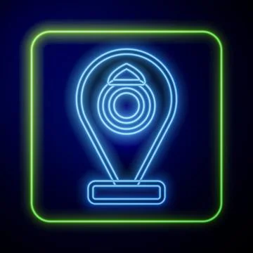 Glowing neon Front facade building jewelry store icon isolated on blue back.. Ilustración de archivo